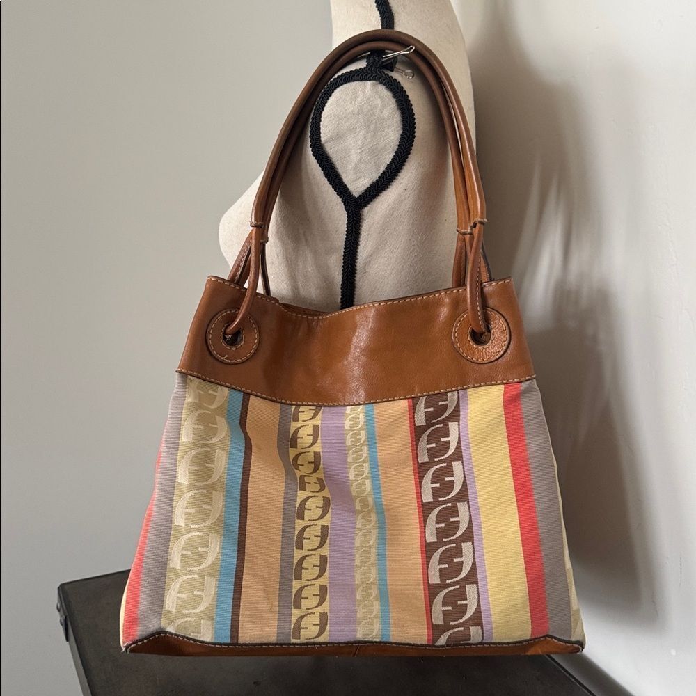 Fossil VINTAGE Textile and Leather Trim Striped Multicolor Shoulder HandBag GUC - Picture 2 of 13